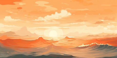 Vector art illustration with a mountain range and a setting sun with orange hues. AI generative art