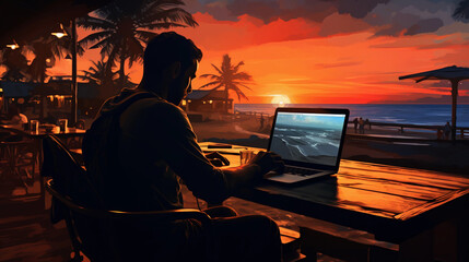 A digital nomad working from a beachfront cafe, sun setting, colors reflecting on the laptop screen, detailed illustration with a watercolor effect
