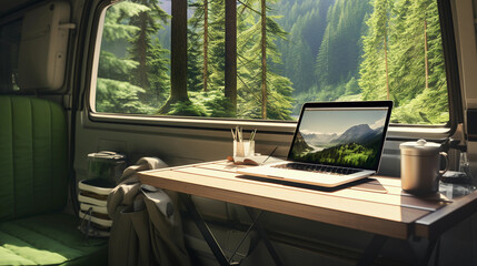 a minimalist van converted into a mobile office, parked in a forest, windows showing a lush green landscape, MacBook on the table, sunlight filtering through