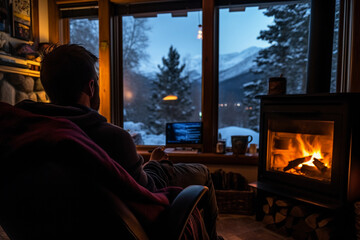 Obraz na płótnie Canvas Cozy mountain cabin in Colorado during winter: A digital nomad next to a fireplace, looking through a window at the snow - covered landscape, warm, indoor lighting