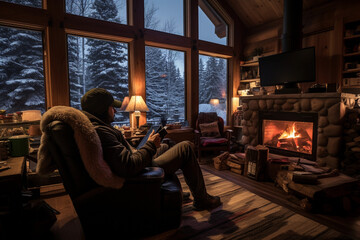Obraz na płótnie Canvas Cozy mountain cabin in Colorado during winter: A digital nomad next to a fireplace, looking through a window at the snow - covered landscape, warm, indoor lighting
