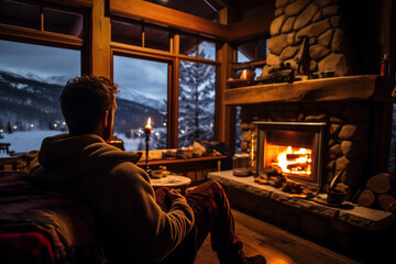 Cozy mountain cabin in Colorado during winter: A digital nomad next to a fireplace, looking through a window at the snow - covered landscape, warm, indoor lighting