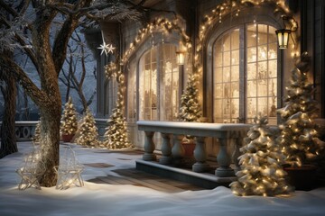 the enchanting beauty of a snow-covered garden adorned with glimmering holiday decorations, such as sparkling snowflake ornaments, and fairy lights wrapped around trees