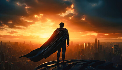 A super hero wearing a long red cape and boots standing on the top of a tall building looking at a metropolis city with the sunset in the background, copy space - Generative AI - obrazy, fototapety, plakaty