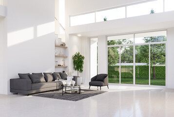 Minimal style white high living room with garden view 3d render