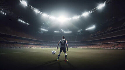 Football player stand behind ball looking for goal with showing number from back view in the stadium with spotlight.illustration vector.