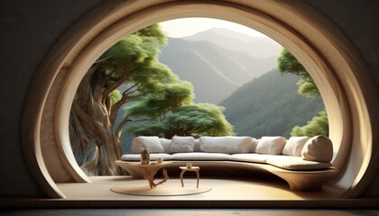 3D render of a cozy welcoming room that combines nature and futuristic style with a wood round window, bringing the Vast fantasy landscape of the ethereal outside light inside, nature to the best