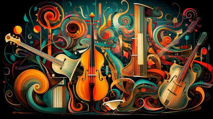 Music Harmony: Abstract illustration of musical instruments from around the world, interlaced into a harmonious and rhythmic design, rich with textures and bright colors