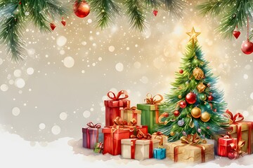 Christmas scene of decorated Christmas tree and presents, Christmas card or flyer