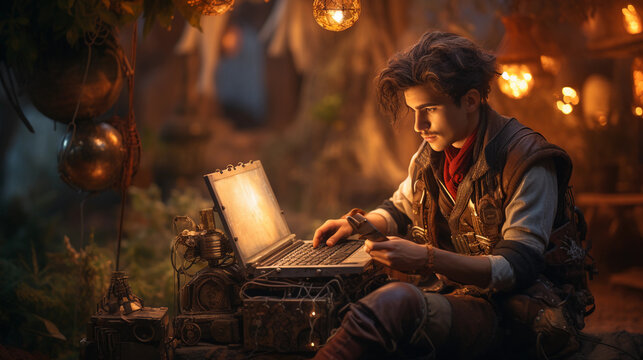 Steampunk - inspired depiction of a digital nomad, gadgets integrated into nature, rustic, warm tones - Powered by Adobe
