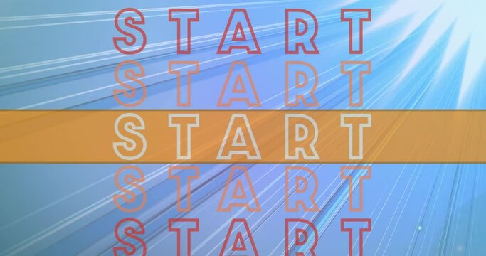 Animation of start text and bar with lens flares over blue background