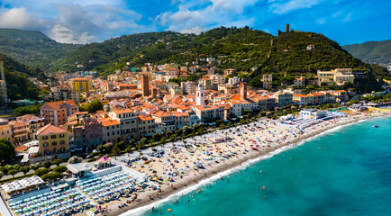 Naklejka na ściany i meble Aerial view of Noli on the Italian Riviera, Liguria, Italy