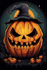 A Halloween-themed pumpkin with a witch's hat on top