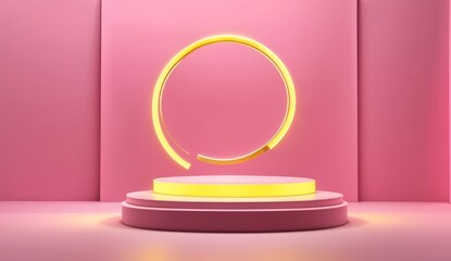 Abstract minimal concept. Modern yellow pink neon podium stage platform display with glowing frame ring. Mock up template for product presentation with copy text space