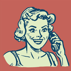 retro cartoon illustration of a happy woman on the phone with vintage sketchy rough outlines - 634024756