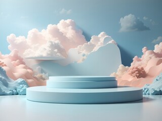 Abstract minimal concept. Pastel blue background with podium, clouds and abstract landscape. Mock up template for product presentation. 3D rendering. copy text space