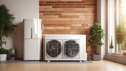 Air source heat pump installed in residential building. Sustainable and clean energy at home