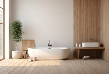 Naklejka na ściany i meble White bathroom interior with bathtub and plant, room with white bathtub