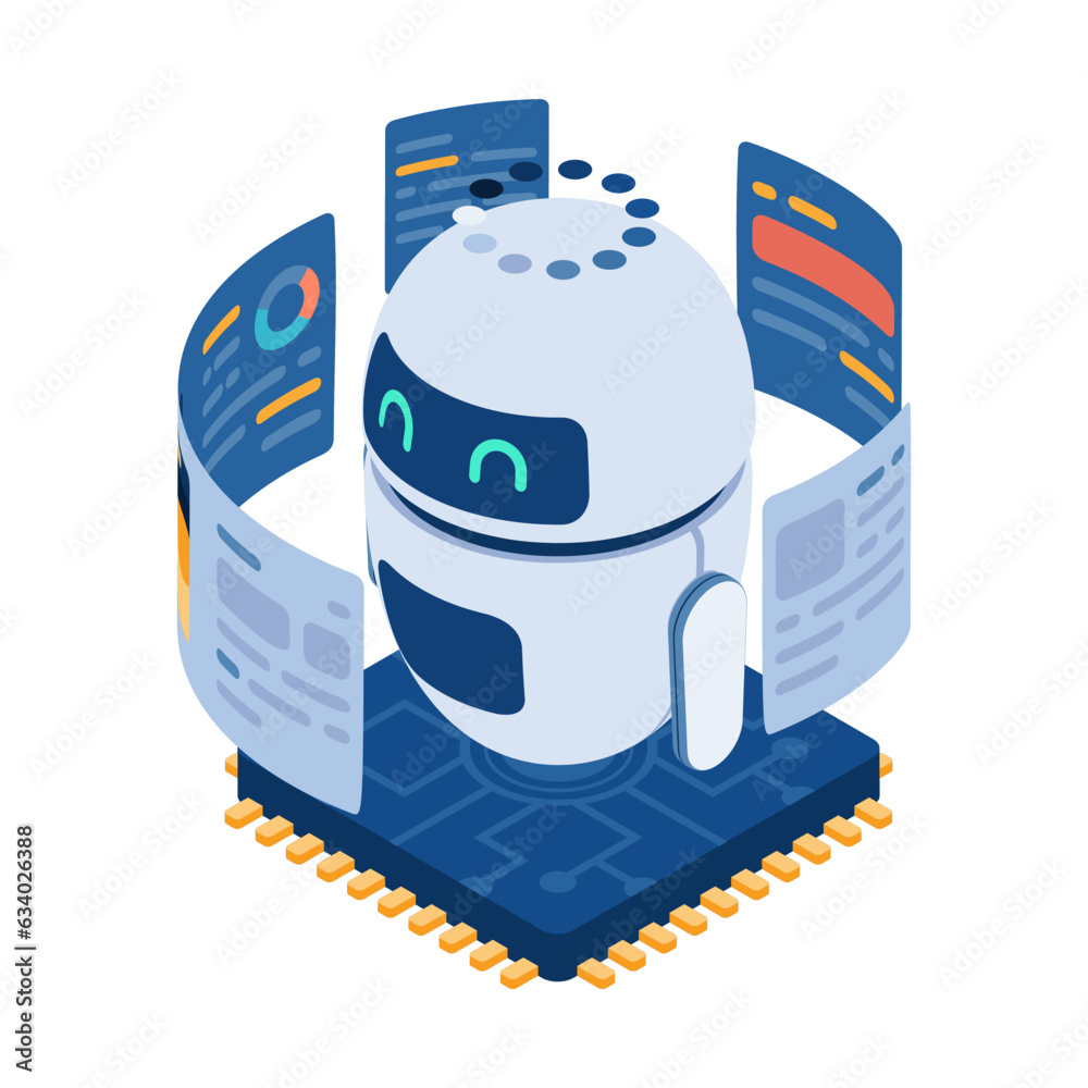 Poster isometric ai robot analysis data and knowledge