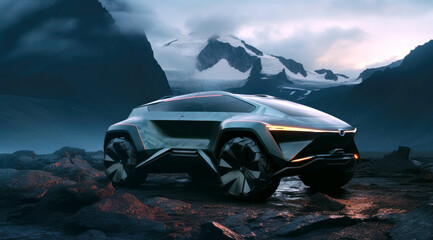 A futuristic concept of off road vehicle or SUV (sport utility vehicle) in dark blue and green colors in mountains. Generative AI - obrazy, fototapety, plakaty