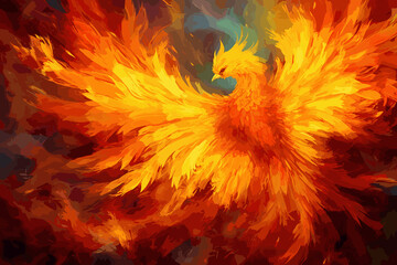 A mystical phoenix rising from flames, medium digital painting, style vibrant and fiery, lighting intense glow from the flames, colors bright reds, oranges, and yellows, composition 