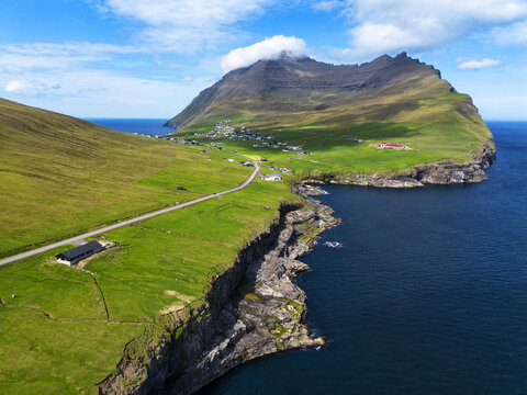 Aerial Panorama outdoor landscape mountain scene of Vidoy island. Summer view of Faroe Islands