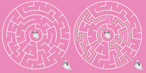 Vector circle maze isolated on pink background. Education logic game labyrinth for kids. With the solution.