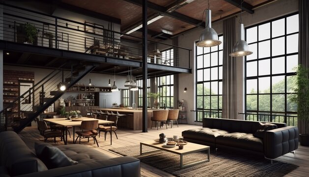 3D rendering of an industrial loft-style apartment