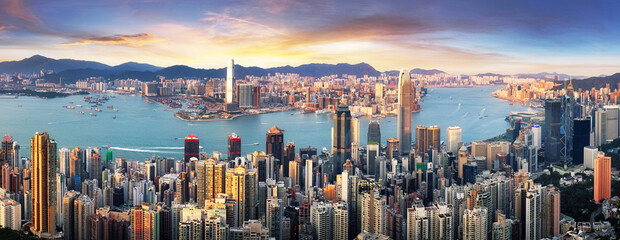 Hong Kong at dramatic sunset, China skyline - aerial view - obrazy, fototapety, plakaty