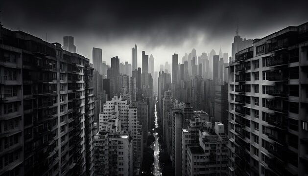 a black and white photo of a city with tall buildings