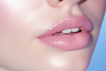 close up of lips with light lipstick, cosmetic and beauty concept 
