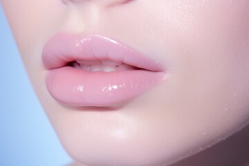 close up of lips with light lipstick, cosmetic and beauty concept 