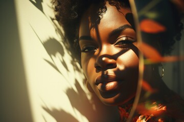 black woman with beauty light shadows, natural skincare glow, cosmetics and self care concept
