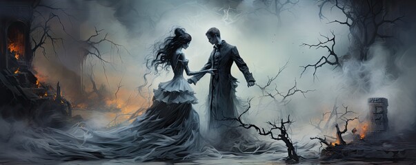 Halloween Party Card, Couple in love on the night of all the dead.