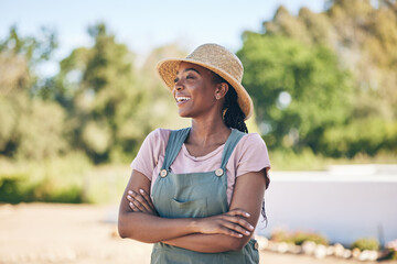 Thinking, black woman and farmer with arms crossed, happy and sustainability outdoor. Idea,...