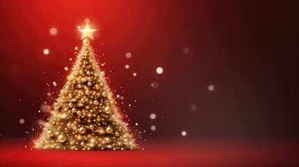 Fototapeta na wymiar Golden Christmas tree in night on dark red background