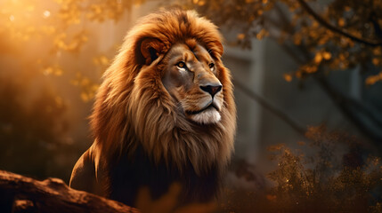 Naklejka premium Picture of Lion in the nature bokeh background