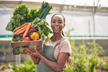 Woman, vegetables box and agriculture, sustainability or farming for supply chain or agro business....