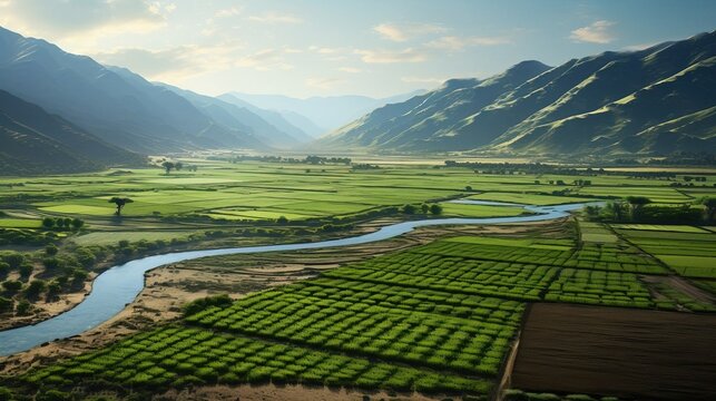 An agricultural valley with irrigated crops view from the sky. Created using Generative AI technology.