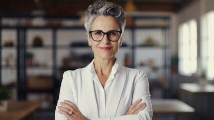 Fototapeta premium Successful CEO female president wearing a suit and smiling brightly in the company