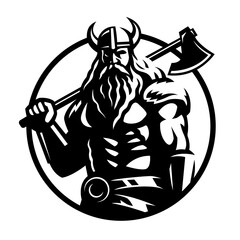 Viking warrior in a helmet and with an ax. Vector illustration.