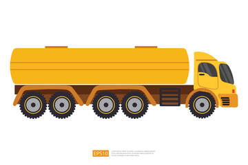 Gas, oil, fuel container yellow truck illustration on white background. Isolated transportation gasoline tanker truck car. commercial vehicle flat vector