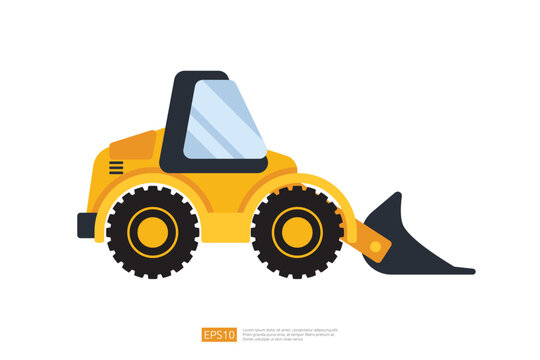 end loader vehicle flat cartoon. bulldozer quarry machine. stone wheel yellow digger. backhoe front loader truck. work tractor excavator. vector illustration.