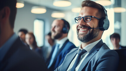A business man wearing a suit and smiling brightly while talking to a client