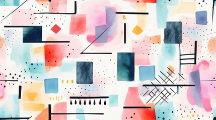 Seamless abstract modern pattern of geometric shapes and lines painted in watercolor. Generative AI.