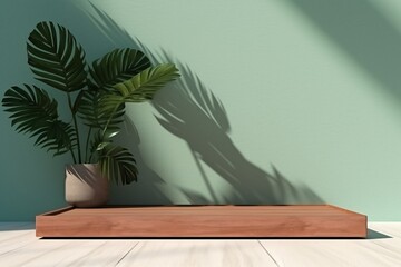 AI Generated Photo Minimal wood stage for show product on cement floor and sunlight plant shadow on mint background 3d render