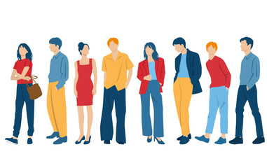 Fototapeta premium Set of young men and women, different colors, cartoon character, group of silhouettes of standing business people, students, the design concept of flat icon, isolated on white background