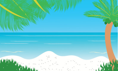 Fototapeta na wymiar It's summer time banner, beach with coconut tree, grass and lifebuoy on a sunny summer background.