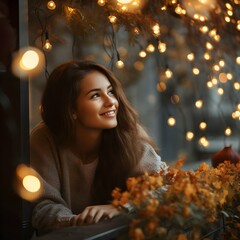 Obraz na płótnie Canvas Young pretty happy woman in warm comfortable clothes is sitting on the terrace in a cozy atmosphere. Autumn evening. Fictional person. AI generation. 