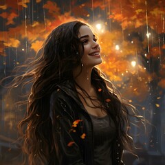 Young pretty happy woman with wet hair in warm comfortable clothes in a cozy park under warm autumn rain. Fictional person. AI generation.
